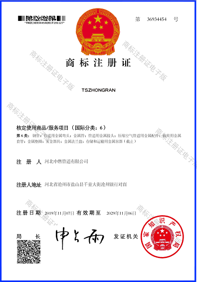 “TSZHONGRAN”Certificado de registro de marca